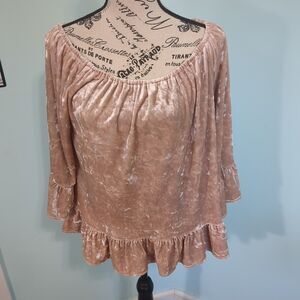 Sanctuary Off Shoulder Taupe Crushed Velvet Ruffle Bell Sleeve Stretch Top large